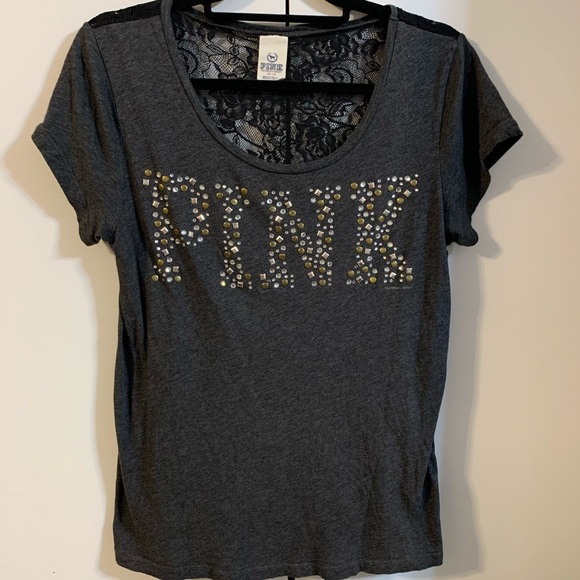 PINK gray embellished tee with lace back size Medium - Picture 1 of 6